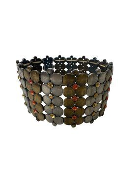 Wide Metal Stretch Bracelet Rhinestones Vintage Rustic Style 2.5" Statement